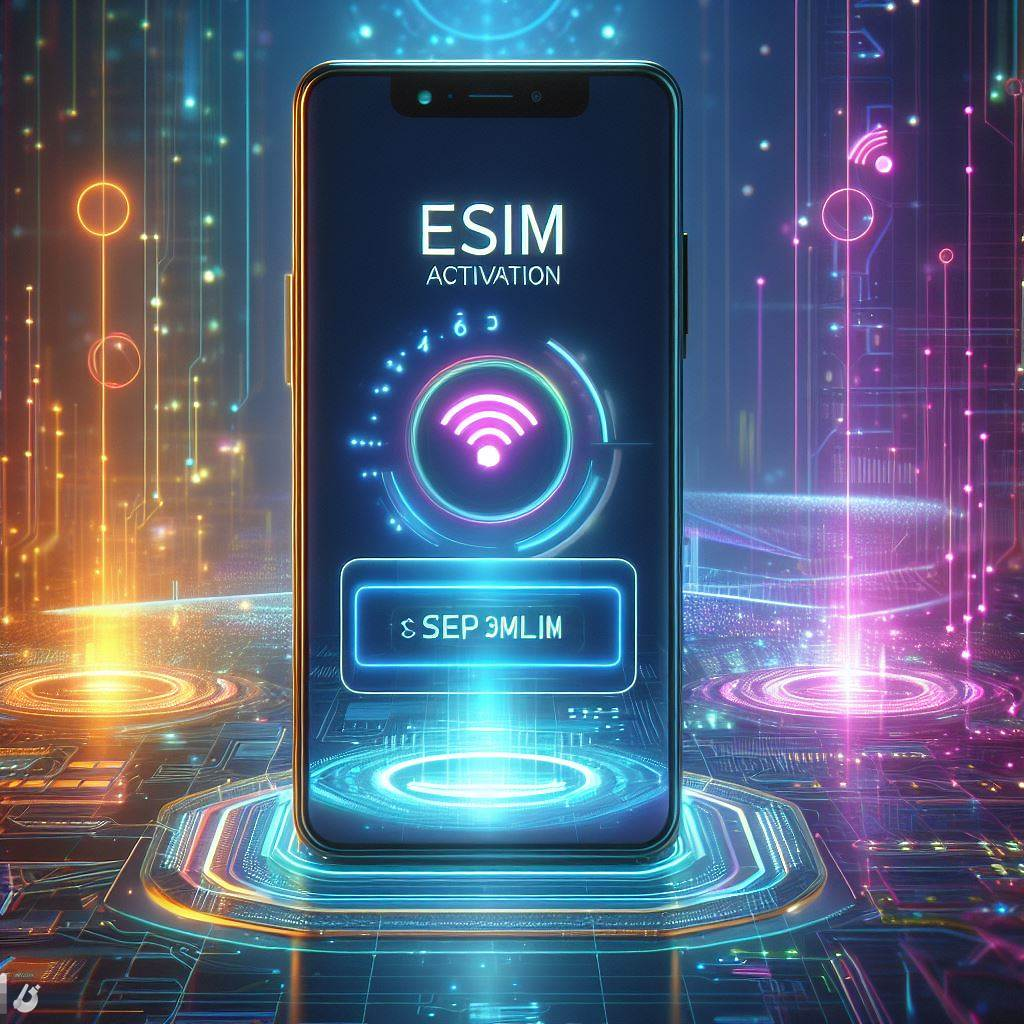 Smartphone with eSIM activation screen and step indicators