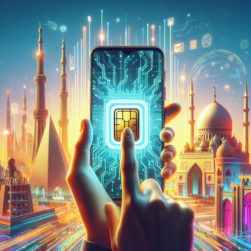 Iconic Egyptian landmarks and a person holding a smartphone with an activated eSIM